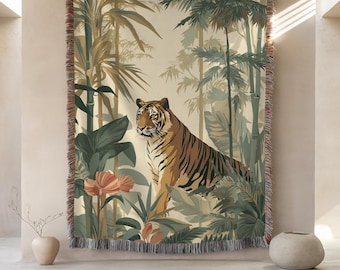 Tropical Tiger Woven Blanket, Retro Jungle Throw