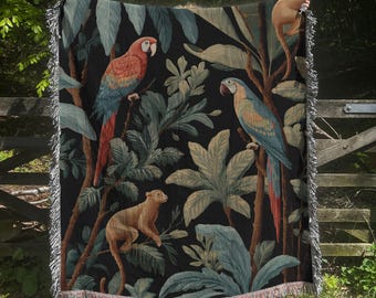Parrot Monkey Pattern Woven Tapestry | botanical print vintage, Tropical decor