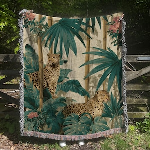 Leopard Tropical Forest Woven Blanket. Mid-Century home decor, Jungle Pattern, Cottagecore Tapestry, Tropical Plants, Gift for Nature Lovers