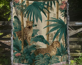 Leopard Jungle Woven Blanket, Mid-Century Tropical Decor