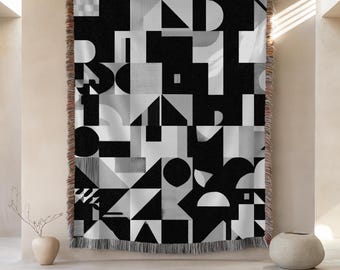 Mid-Century Modern Woven Throw Blanket – Black White Geometric Shapes, Cotton Accent