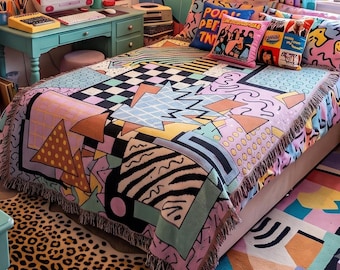 Memphis Design Woven Blanket | 100% Cotton Neo-Geo Pop Tapestry, 80s Retro Throw