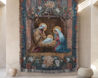 Baby Jesus Nativity Floral Art Woven Blanket, Medieval Tapestry