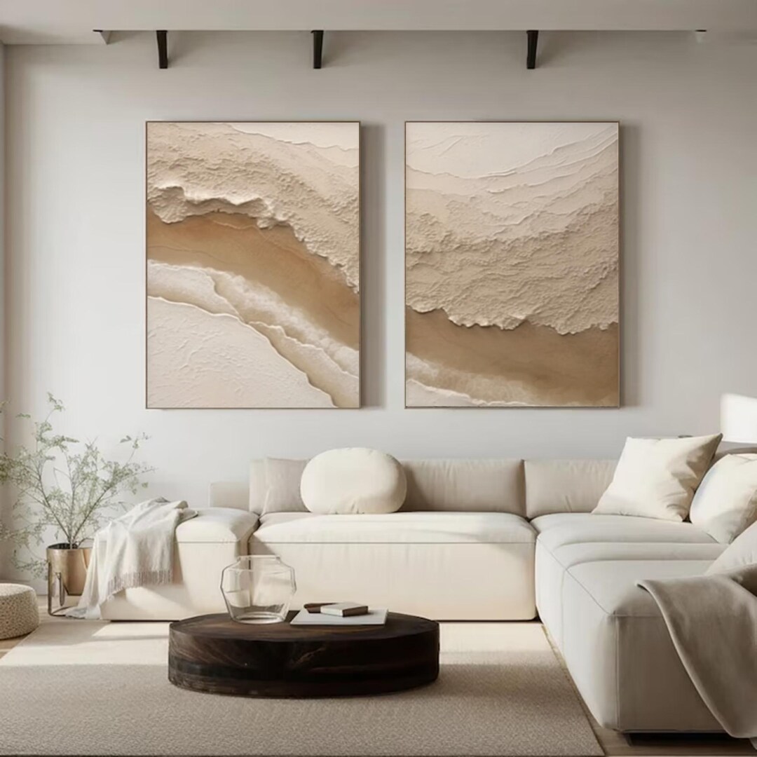 3D Textured Wall Art Beige Textured Abstract Painting Set of 2 Ocean ...