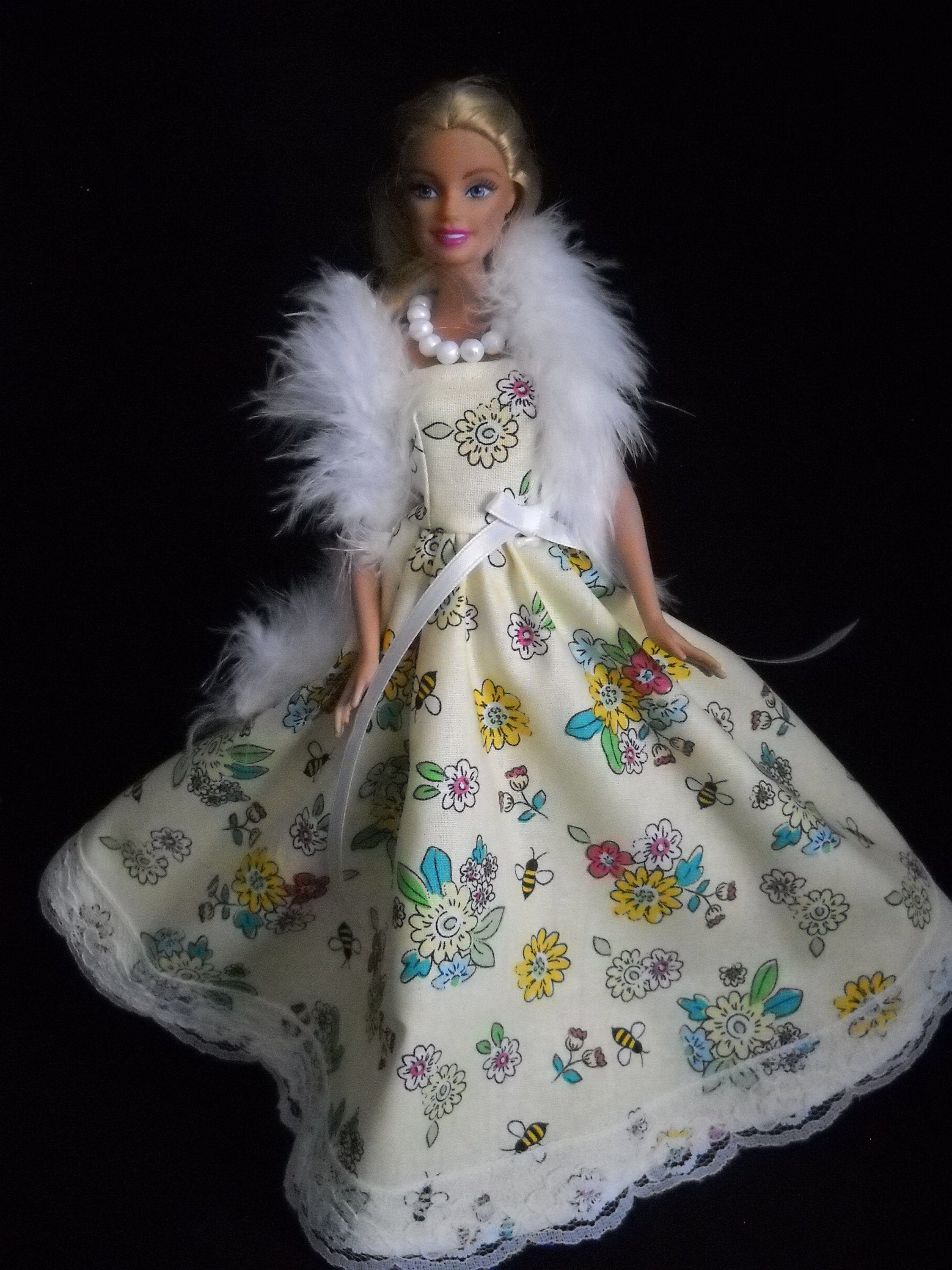 Yellow Floral Gown Fits Barbie Dolls Dress Handmade with Boa Etsy