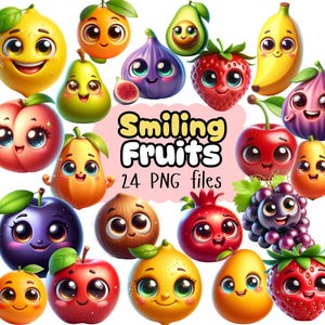 24 Cute Cartoon Fruits, 3D fruits clipart/ PNG, Nursery-Clipart/ baby animals bundle/ Digital