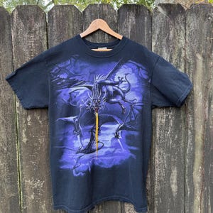 Rhinestone lightning dragon T-shirt Unisex shirt M-L reference measurement liquid blue up cycled