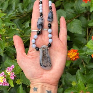 Beautiful dendritic agate necklace with crystal and Sterling Silver beads