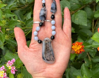 Beautiful dendritic agate necklace with crystal and Sterling Silver beads