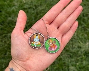 Two beautiful vintage Shiva and Saraswati devotional pendants. Glass and sterling silver