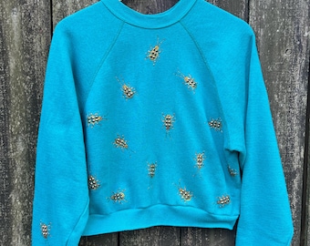 Rhinestone orange Beatles everywhere aqua sweatshirt Unsex S-M reference measurements