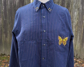 Rhinestone butterfly button down shirt unisex shirt M-L reference measurements
