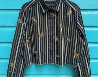 Rhinestone cockroaches everywhere button down unisex shirt M-L reference measurements