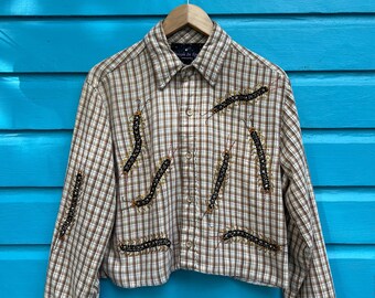 Rhinestone centipedes everywhere button down unisex shirt M-L reference measurements