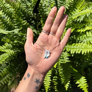 May include: A silver necklace with an owl pendant in white, grey, and turquoise. The owl pendant hangs from a fine chain. The background is a vibrant green fern, creating a natural contrast.