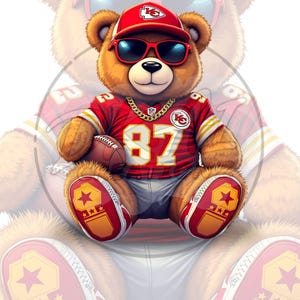 digitale Illustration im Cartoon-Stil eines Plüschbären, der in Kansas City Chiefs Footballkleidung gekleidet ist
