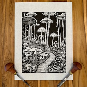 Enchanted Mushroom Forest, Linocut Print