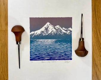 Alpine Lake Sunrise, Mini Edition Original Linocut Print