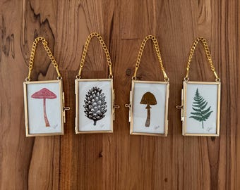 Mini Glass Frame Linocut, Ornament, Hand-Printed, Double-Sided Art