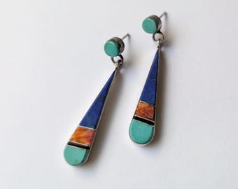 Native American Marilyn Yazzie earrings sterling silver  turquoise lapis lazuli spiny oyster inlay inlaid studs dangle 925 YZ