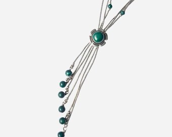 Vintage liquid silver necklace sterling silver and malachite green gem stone 925 QT