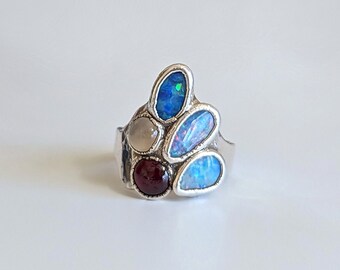 Steven Ruse sterling silver ring opal garnet cateye gem stones multistone 925