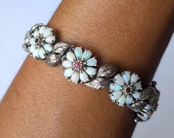 Vintage sterling silver Art Deco style opal garnet gem stone flower floral bracelet 925
