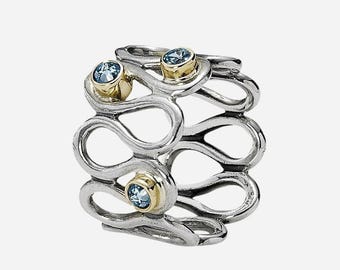 Pandora Infinity ring sterling silver and 14k gold blue topaz stones 925 ALE Size 7.75