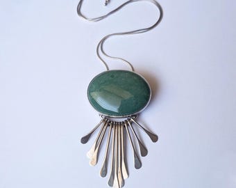 Vintage AIS Mexico Sterling Silver Jadeite Cabochon Brooch Pendant Necklace 925