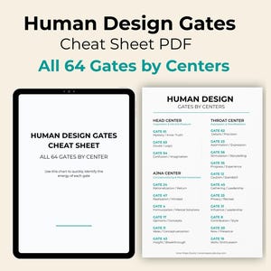 May include: A digital PDF cheat sheet for Human Design Gates, displayed on a tablet and a printed page. The title reads "Human Design Gates Cheat Sheet PDF." The chart lists all 64 gates by centers, with detailed information on each gate.