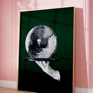 Wydruk artystyczny Disco Ball, plakat cyfrowy na ścianę, dekoracja kuchenna na imprezę, wydrukowana sztuka ścienna retro do domu i baru, wyjątkowy wystrój Disco, plakat z jedzeniem