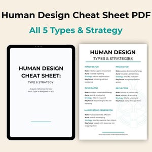 May include: A digital PDF cheat sheet for Human Design, displaying "All 5 Types & Strategy." The image shows a tablet and a printed sheet with detailed information on Manifestor, Projector, Generator, and Reflector types.