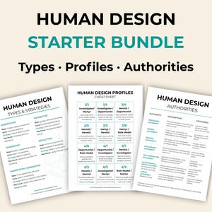 May include: A Human Design Starter Bundle with three informational sheets. The sheets are titled "Types & Strategies", "Profiles Cheat Sheet", and "Authorities". The text is in black and teal on a cream background.