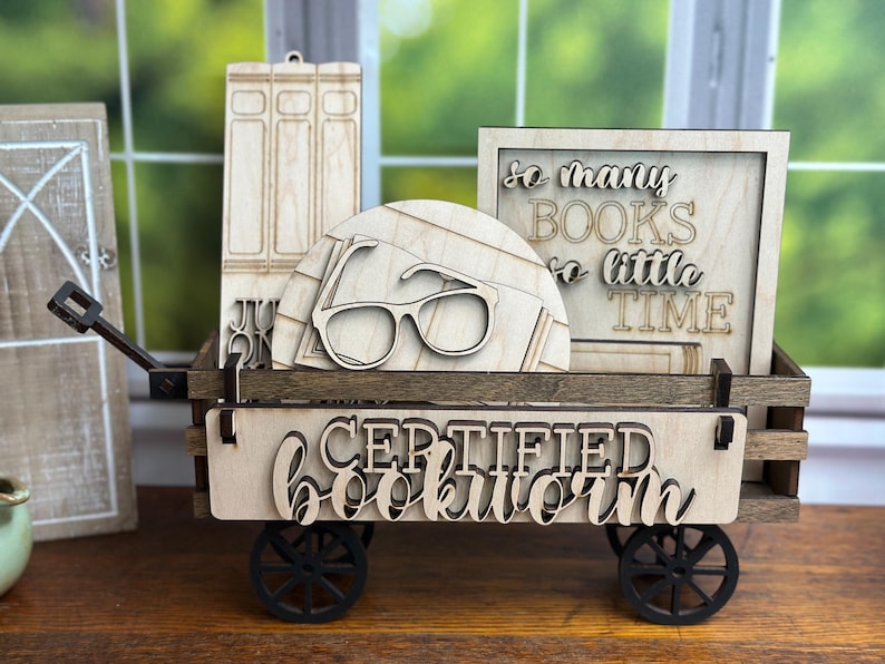 bookish sign painting kit, book lover gift for women, DIY paint party kit, unfinished wood bookshelf decor, book club craft kits for adults DIY Kit with Wagon