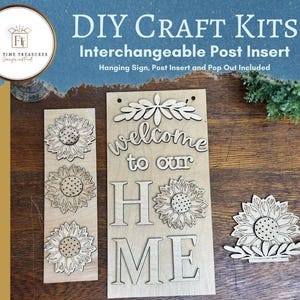 sunflower welcome home interchangeable sign, seasonal interchangeable decor, DIY kit for women, unfinished wood shelf sitter, creative sprin
