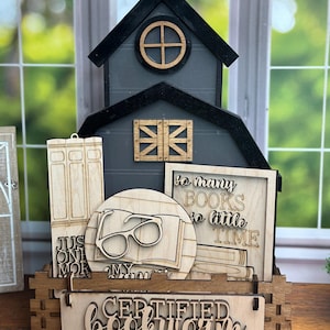 bookish sign painting kit, book lover gift for women, DIY paint party kit, unfinished wood bookshelf decor, book club craft kits for adults DIY Kit with Barn