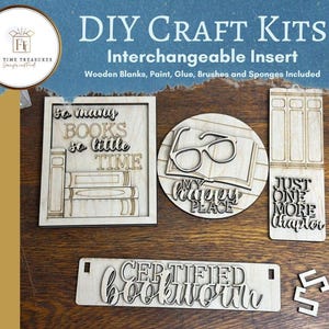 bookish sign painting kit, book lover gift for women, DIY paint party kit, unfinished wood bookshelf decor, book club craft kits for adults image 1