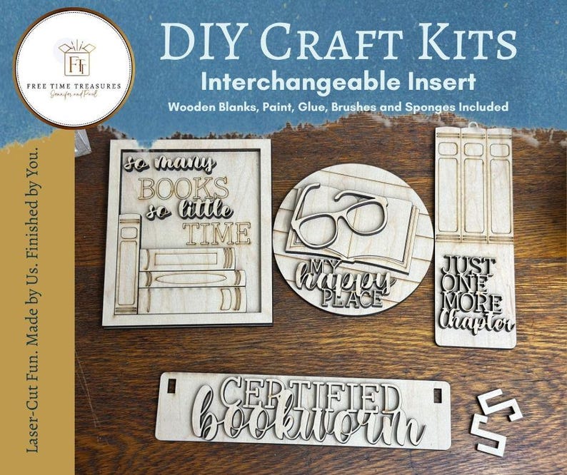bookish sign painting kit, book lover gift for women, DIY paint party kit, unfinished wood bookshelf decor, book club craft kits for adults image 1