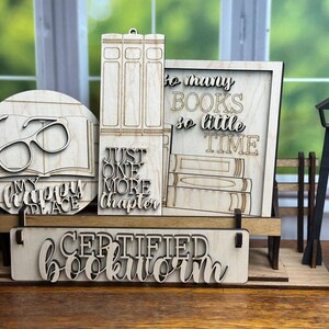 bookish sign painting kit, book lover gift for women, DIY paint party kit, unfinished wood bookshelf decor, book club craft kits for adults DIY Kit with Bench