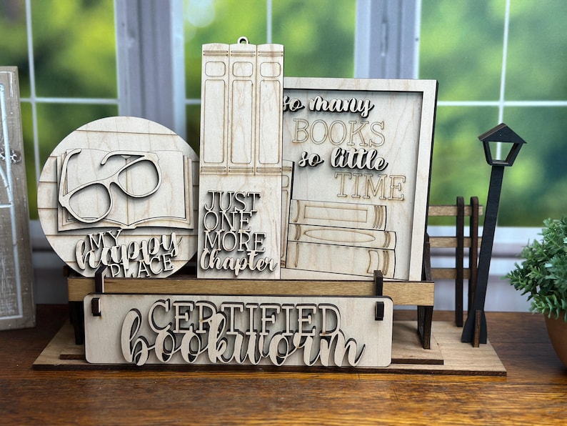 bookish sign painting kit, book lover gift for women, DIY paint party kit, unfinished wood bookshelf decor, book club craft kits for adults DIY Kit with Bench