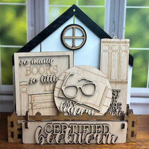 bookish sign painting kit, book lover gift for women, DIY paint party kit, unfinished wood bookshelf decor, book club craft kits for adults DIY Kit with House