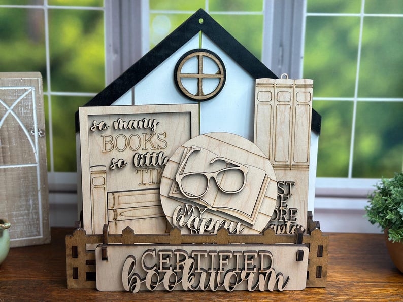 bookish sign painting kit, book lover gift for women, DIY paint party kit, unfinished wood bookshelf decor, book club craft kits for adults DIY Kit with House