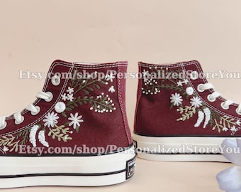Custom Christmas Floral Embroidered Converse High-Tops