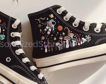 Hand Embroidered Space High Top Canvas Sneakers, Astronaut Galaxy Mushroom Shoes, Handmade Cosmic Sneakers Gift
