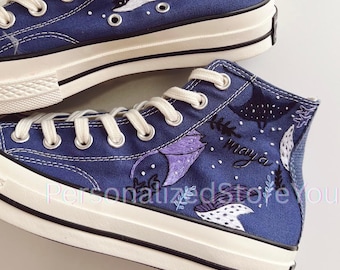 Hand Embroidered Converse High Top Sneakers, Moon Night Sky Shoes, Celestial Star Embroidery, Magical Handmade Gift