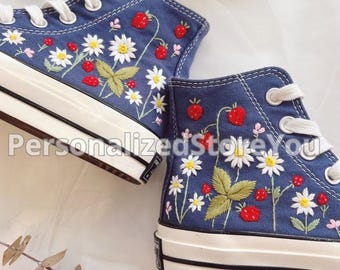 Custom Floral Embroidered Converse Chuck Taylor 1970s: Strawberry & Daisies