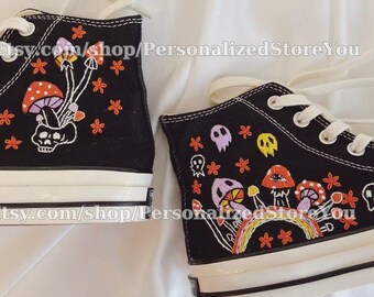 Custom Embroidered Halloween Converse Shoes: Skull & Mushroom Design