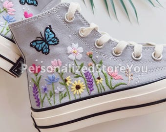 Custom Embroidered Converse High Tops with Wildflowers and Butterflies Monarch | Handmade Floral Shoes | Personalized Gift for Her