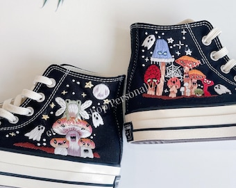 Embroidered Converse Sneakers: Custom Mushroom Frog Design