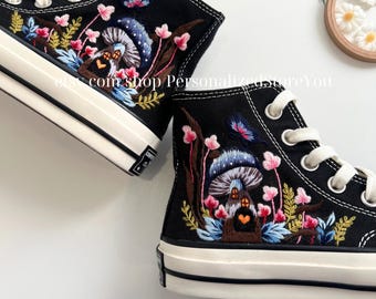 Custom Embroidered Converse Sneakers: Mushroom Floral Design